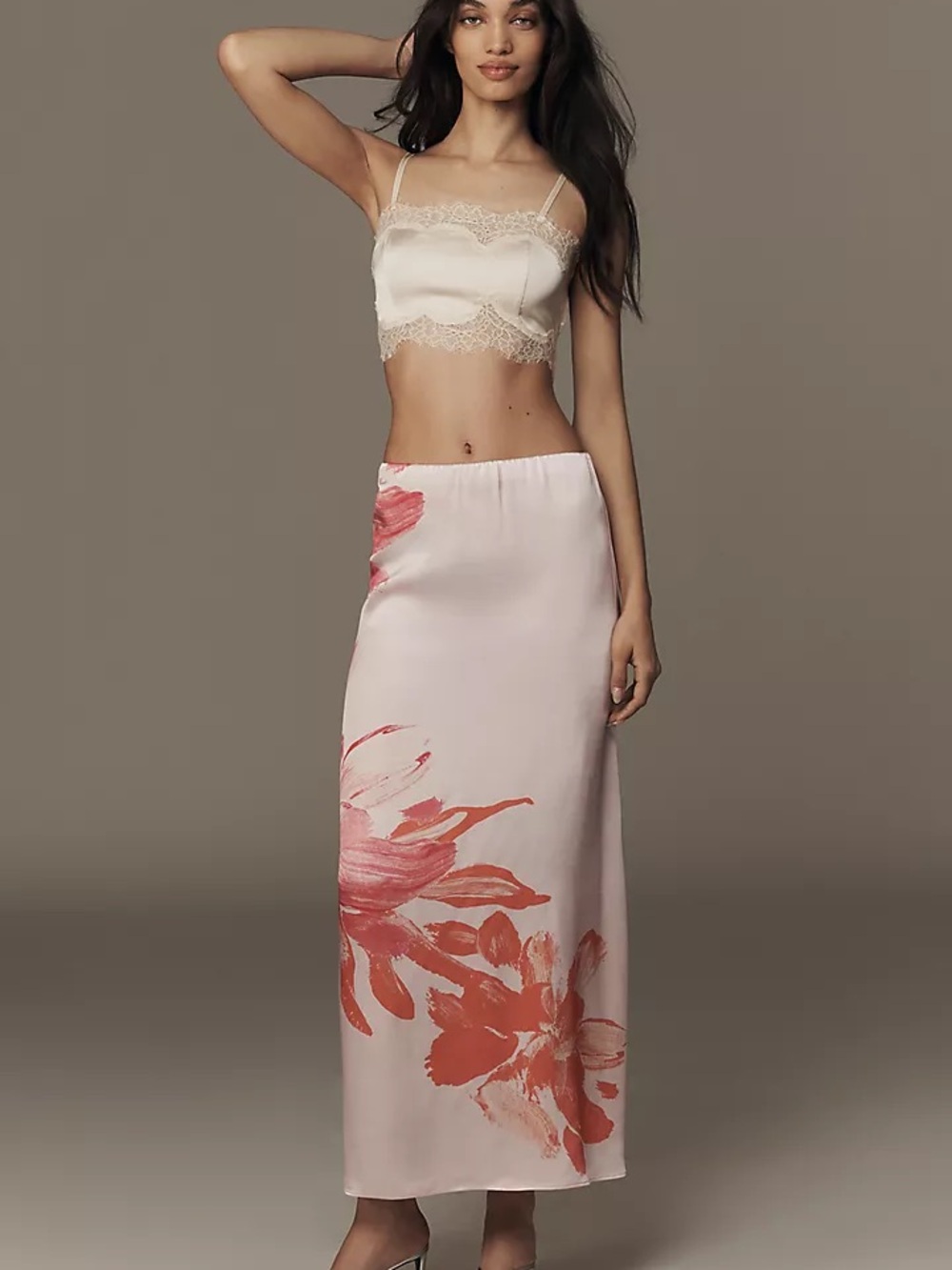 Tilda full maxi skirt. 
Floral Slip Skirt in Blush Pink and Coral